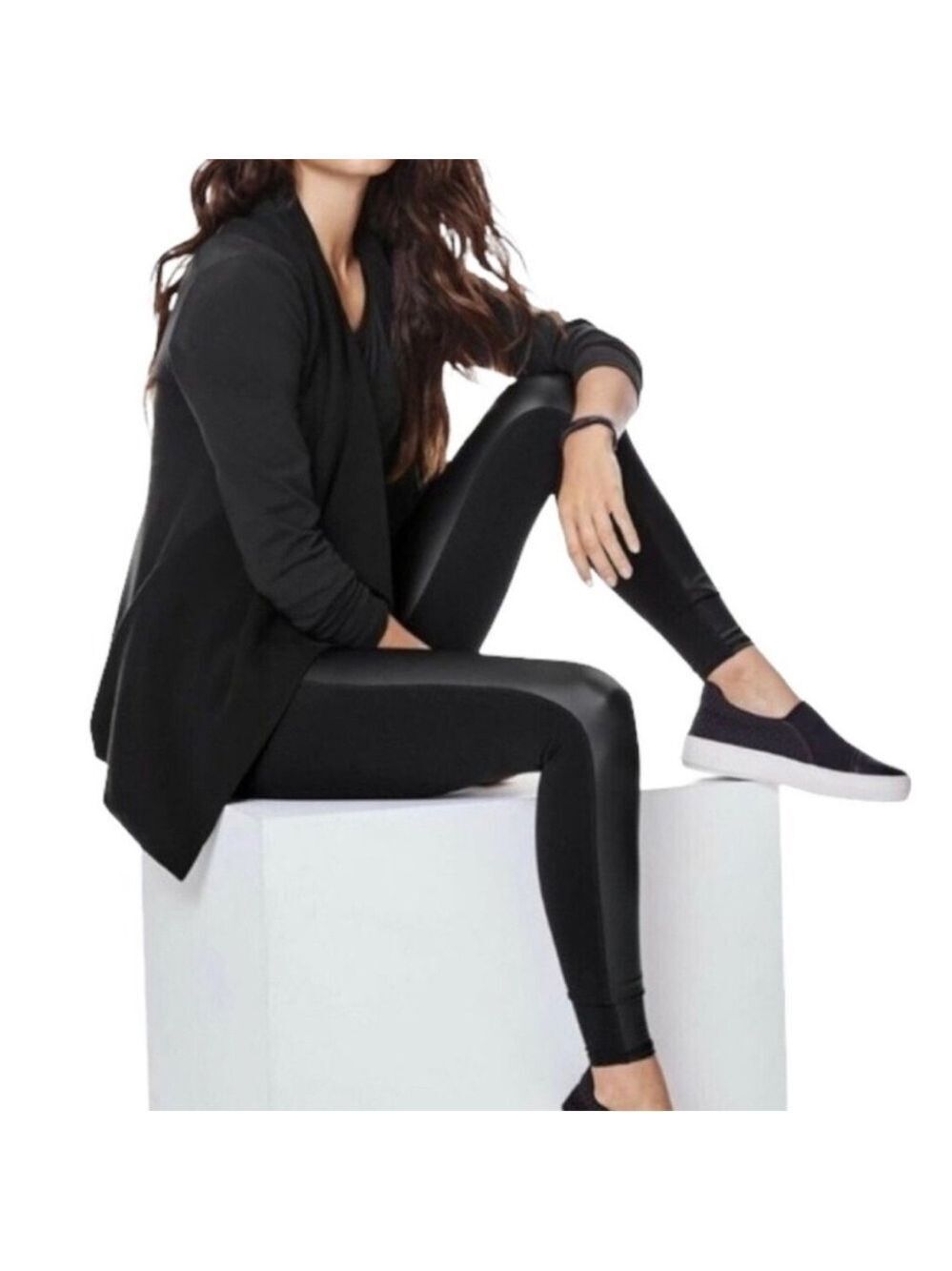 Athleta Gleam Faux Leather Front Panel Mid Rise Leggings Black, Size XS